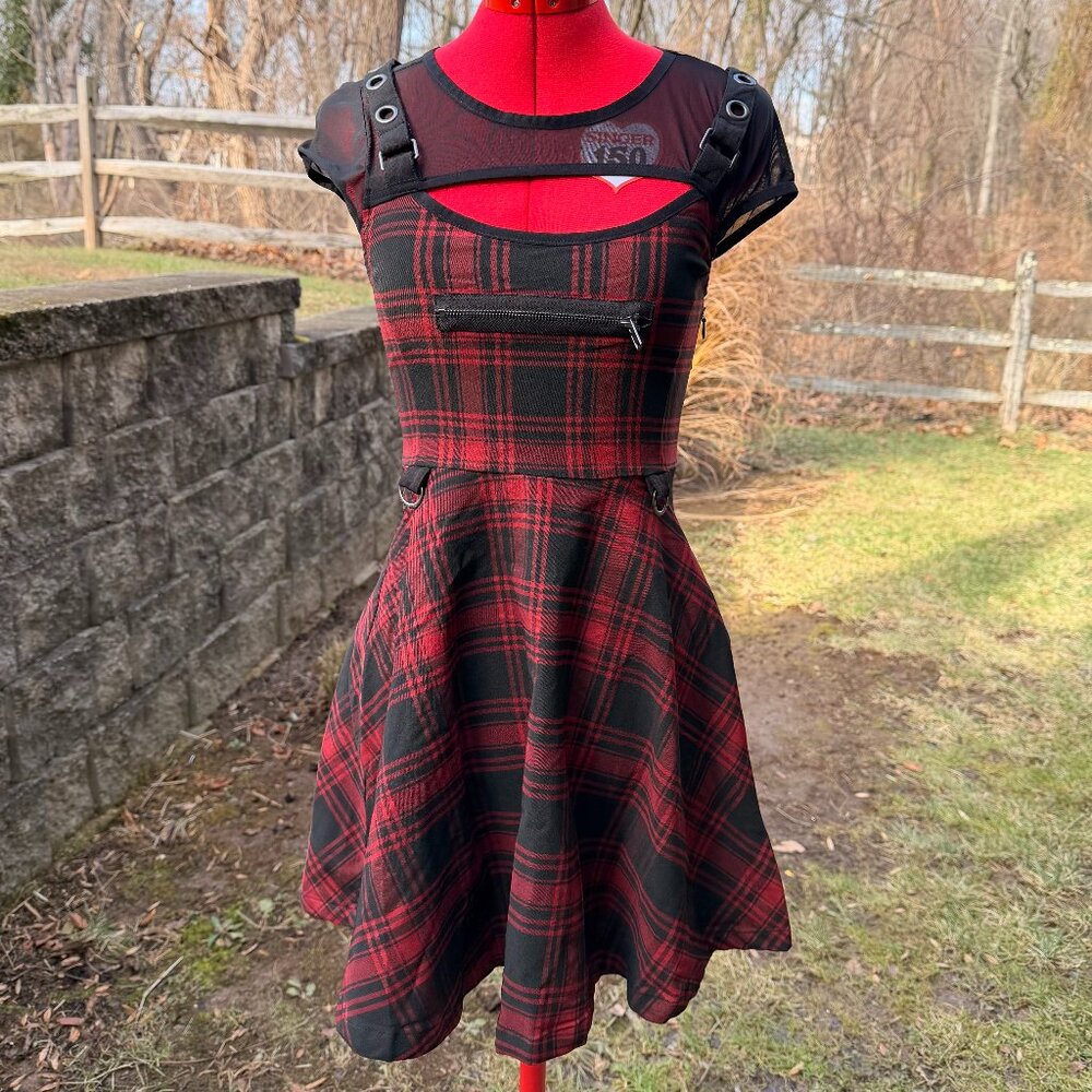 Killstar Red Plaid Mesh & Faux Leather Strap Skater Dress